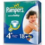 Подгузники, Pampers (Памперс) 9-16 кг р. 4+ №18 актив беби макси плюс